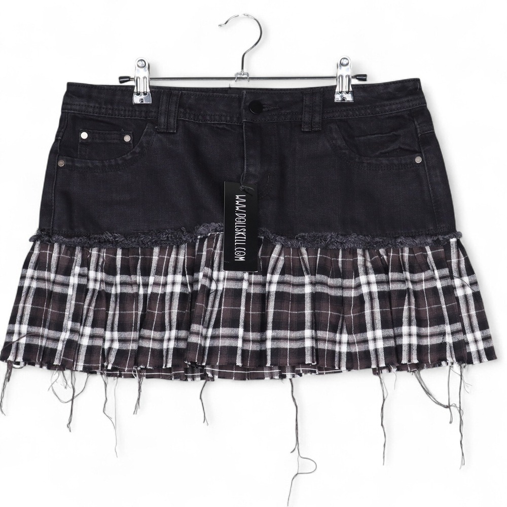 Dolls Kill Current Mood Denim Mini Skirt Sz M Black Plaid Ruffle Hem Grunge Punk